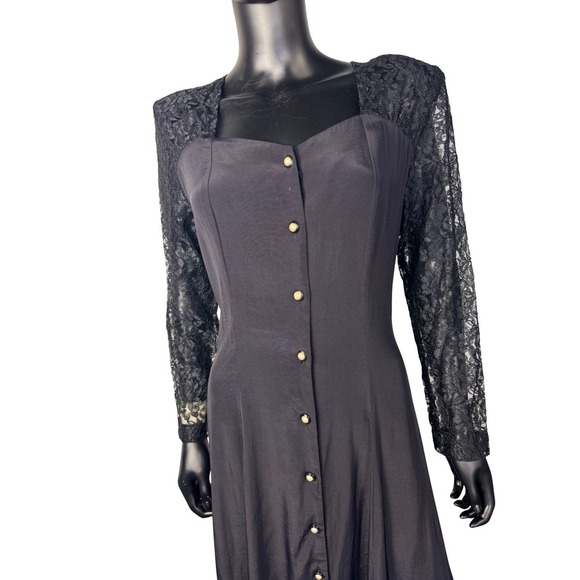 Jody California Vintage Black Dress Lace Long Sleeve Button Front Midi - Picture 2 of 12